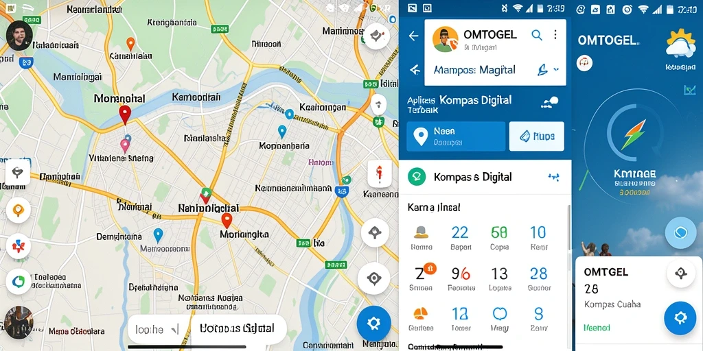 Antarmuka aplikasi OMTOGEL menampilkan kompas digital yang user-friendly.