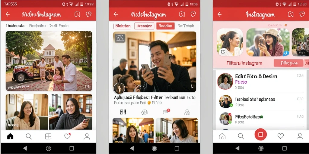 Antarmuka aplikasi TAR555 dengan berbagai filter Instagram yang menarik.